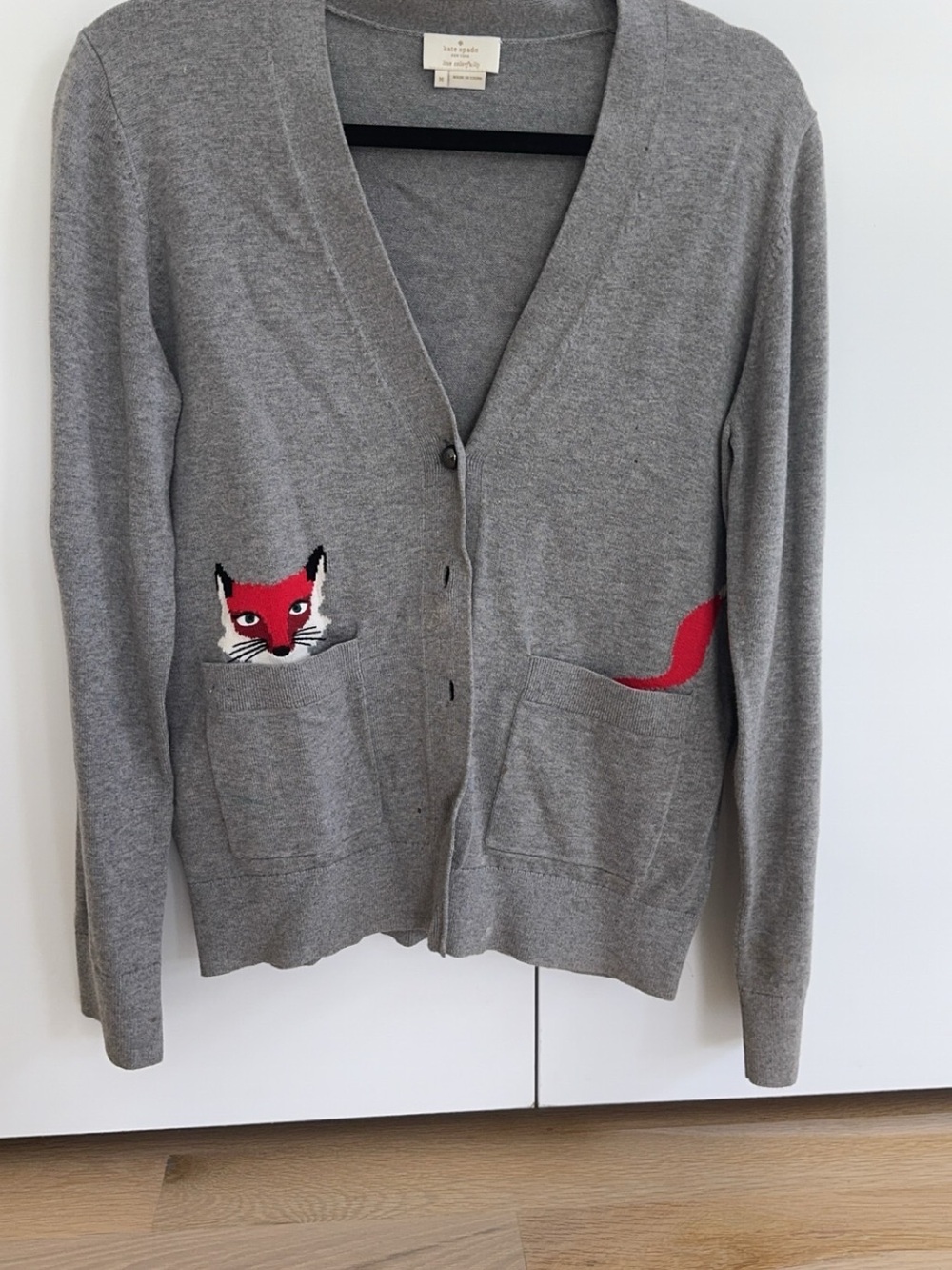 kate spade Gray Cardigan with Red Fox Pocket Detail